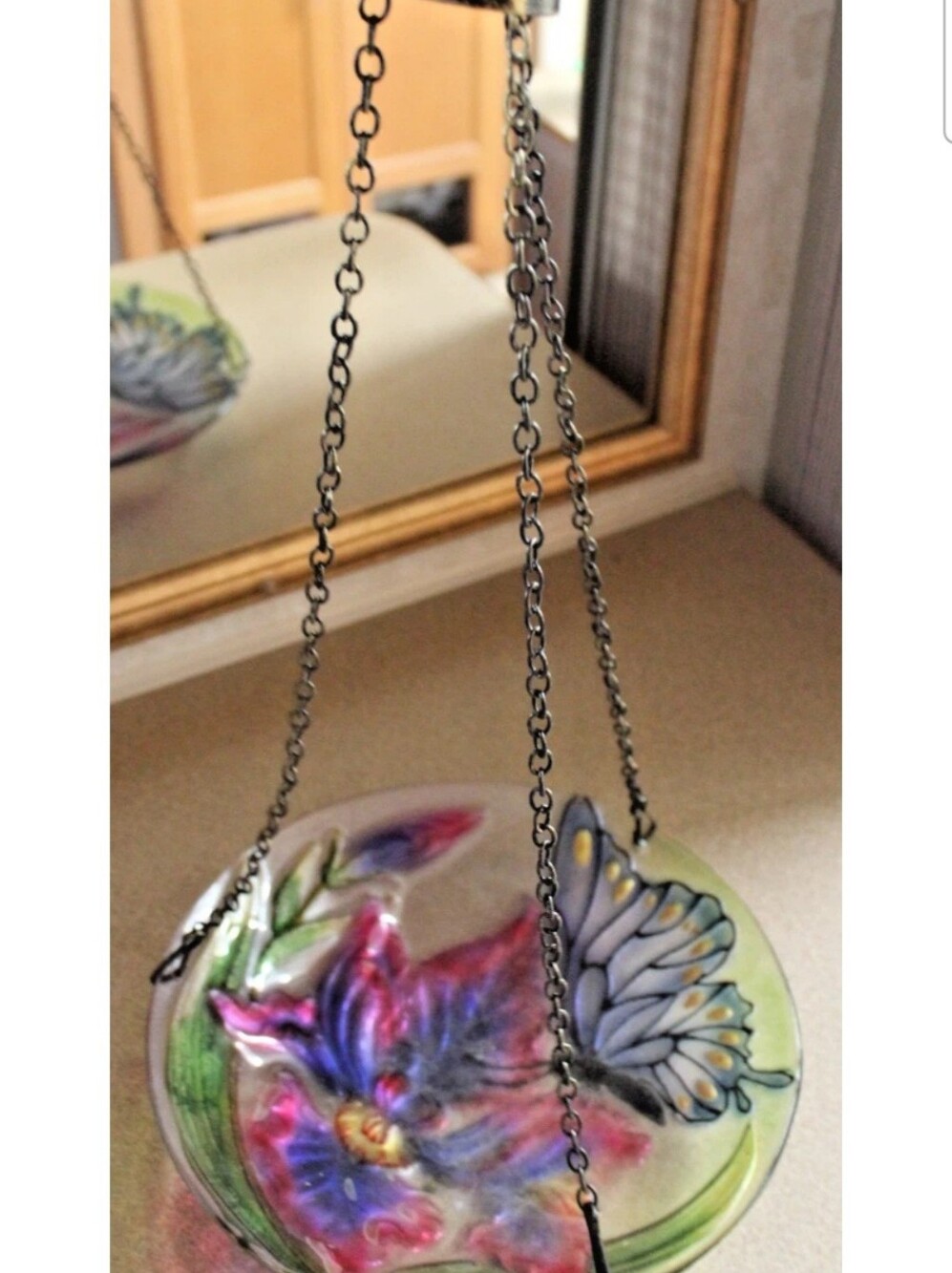 Bird Bath/ Feeder GUC Hanging Glass Bird Bath - Butterfly Floral Pattern